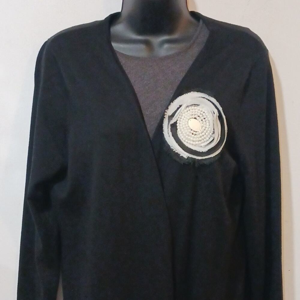 Cyrus Black Open Cardigan with Pearl embellishments waterfall front sz L